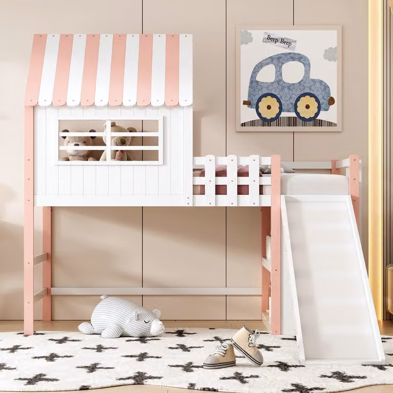 Kinder hoogslaper met glijbaan en opbergruimte in massief hout, Roze, 90 x 200 cm