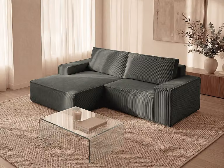 Amelia kleine slaapbank met linkerhoek in dennengroen ribfluweel, B/D/H: 240 x 167 x 85 cm