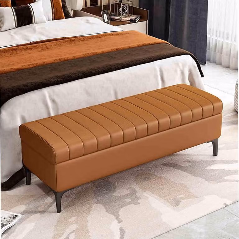 Bruine leren opbergbank met massief houten frame voor entree en woonkamer, B/D/H: 100 x 40 x 45 cm