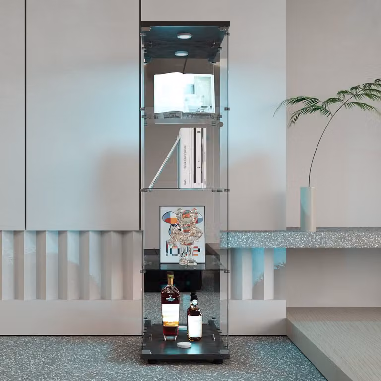 Moderne glazen vitrine zwart met 4 niveaus, gehard glas en spiegelachterwand