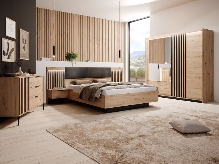 ARIADA Slaapkamerset met bed, nachtkastjes, ladekast en kast in beige en zwart, 160 x 200 cm