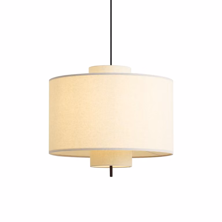 Qazqa Scandinavische hanglamp zwart met witte linnen kap, rond, dimbaar en hoogte verstelbaar