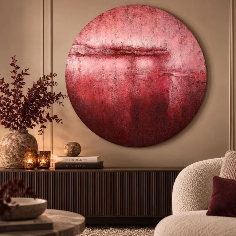 PTMD Wandpaneel Cobey Burgundy - Abstract Handgeschilderd Canvas - Rood - Ø 120 cm