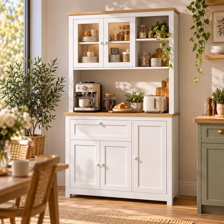 HOMCOM Keukenkast in Landhuisstijl met lade, open schap en 2 kasten, Natuur+Wit, B: 100 cm, D: 40 cm, H: 180 cm