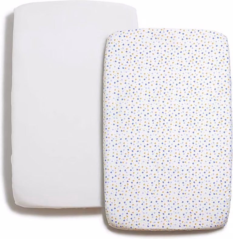 2-delige katoenen beddengoed set voor wiegjes en babybedjes, 2 hoeslakens wit en wit met blauw/bronzen hartjespatroon, 90x50 cm