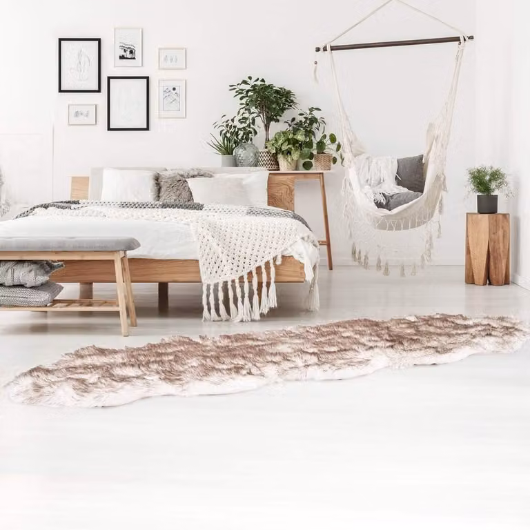 Hoogpolig shaggy tapijt in bontlook, effen beige, breedte: 60 cm, diepte: 90 cm