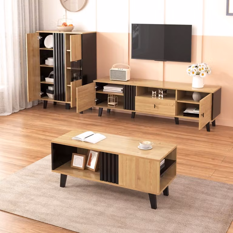 OKWISH Woonkamermeubelset 3-delig met LED en glazen deuren - Hout Zwart - Inclusief salontafel, TV-meubel 170 cm en sideboard B/D/H: 120 x 80 x 40 cm