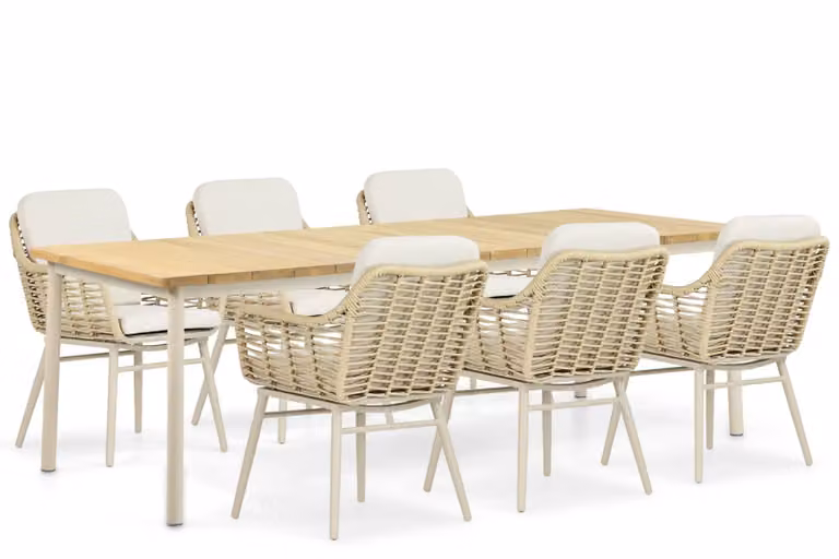 Coco Antoni/Milou 7-delige eettafelset van teak met beige kussens, 240 cm