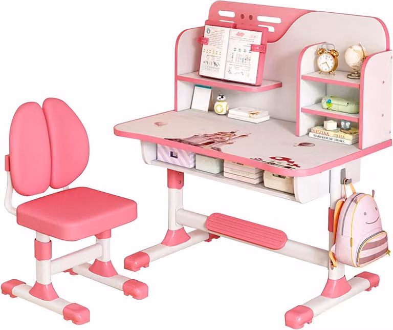 Verstelbaar Kinderbureau met Stoel - Roze Leertafel voor Leren en Spelen - B: 80 cm, D: 54 cm