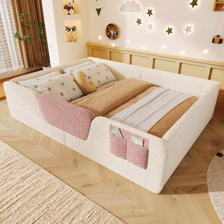 STILVORA Kinderbed met fluwelen bekleding en afneembare veiligheidsspijlen, Beige, B/D/H: 140 x 190 cm