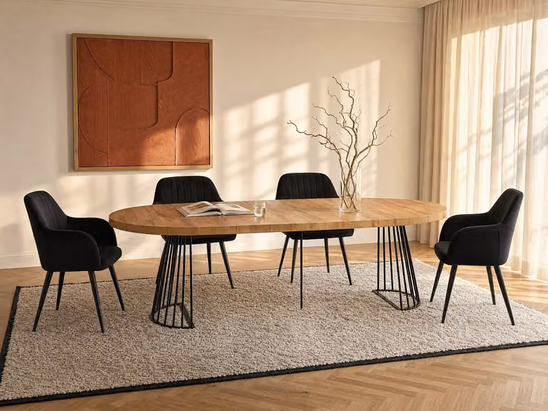 FIRELA Uitschuifbare ronde eettafel van MDF en metaal - Beige, zwart en bruin - B/D/H: 150 x 110 x 75 cm