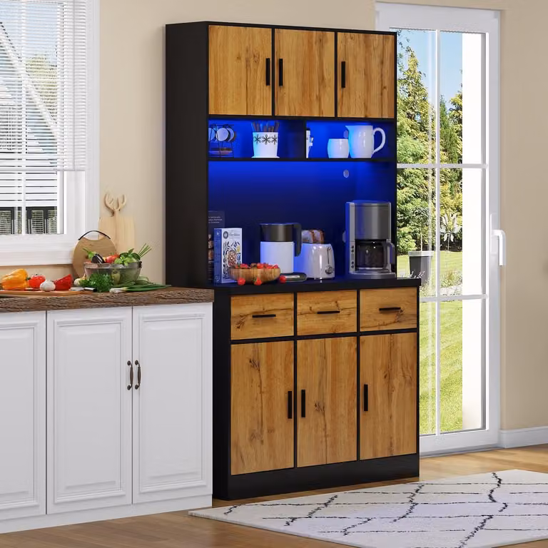 STILVORA Multifunctioneel Buffet met 3 Laden en LED-verlichting, Onbehandeld, B/D/H: 100 x 40 x 180 cm