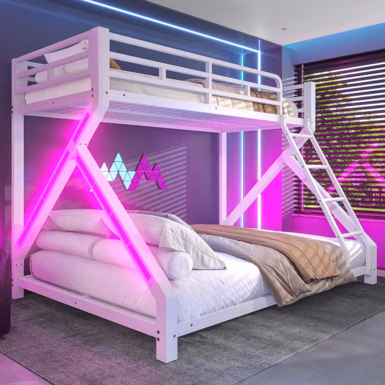 STILVORA Stapelbed voor kinderen met LED-lichtbalk, veiligheidsreling en ladder, wit, B/D: 90 x 200 cm & 140 x 200 cm