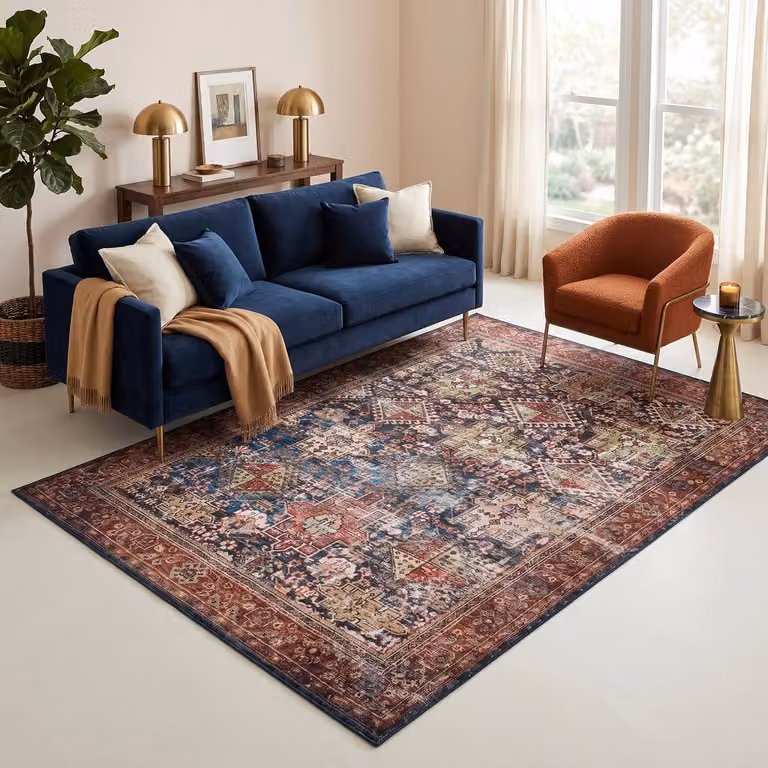 Tapiso Ispahan Vloerkleed Oosters Klassiek Perzisch Vintage Medaillon Antislip Donkerblauw Roestbruin B/D: 150 x 80 cm