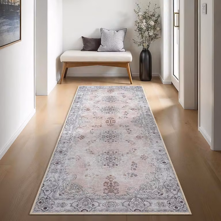 Vintage Vloerkleed met Pastel Bloem en Antislip Onderkant - 58 x 89 cm