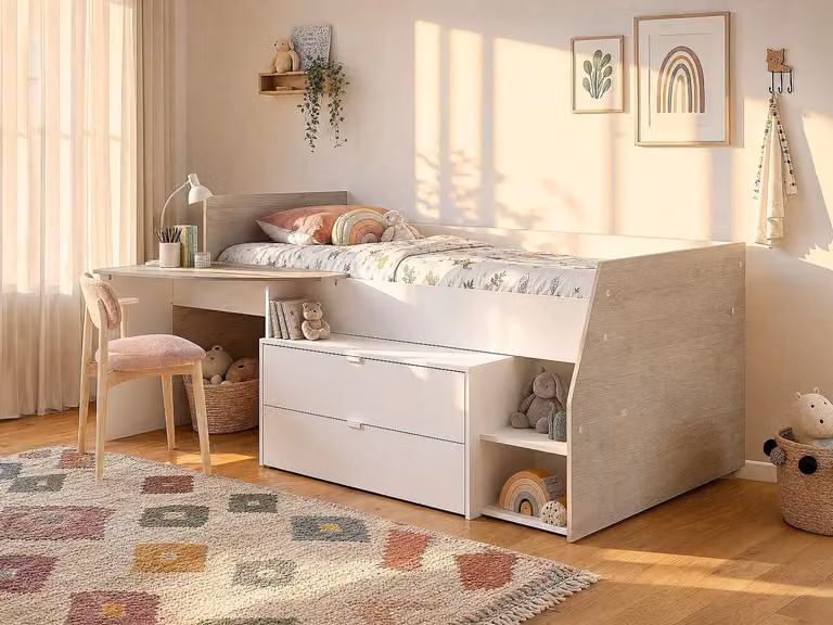 Gisele eenpersoonsbed met bureau, opbergruimte en bedbodem in wit en zwart, B/D/H: 90 x 200 x 135 cm