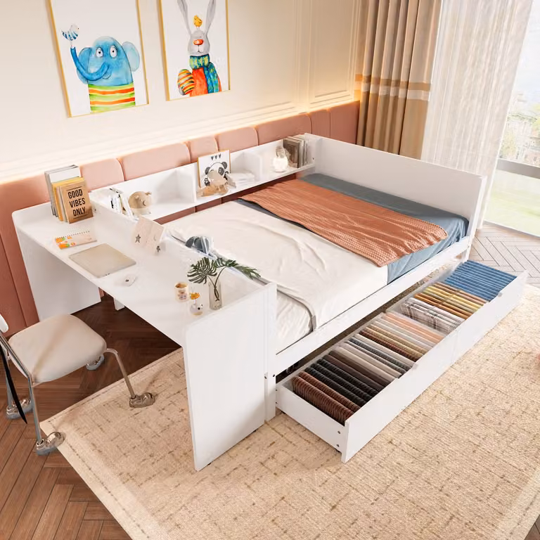 Wishdor Kajuitbed met Bureau - Wit - Massief Grenen Hout - B/D/H: 140 x 200 cm - Inclusief 2 Lades, 3 Boekenplanken en Lattenbodem