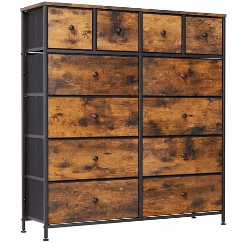 Clevich Stoffen Commode met 12 Lades en Metalen Frame in Industriële Stijl voor Slaapkamer, Woonkamer of Hal