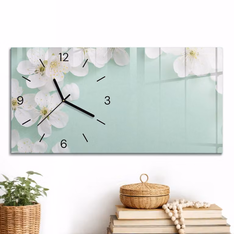 ArtPrintCave Wit Glazen Wandklok met Bloemig Design en Zwarte Wijzers - B: 60 cm, H: 30 cm