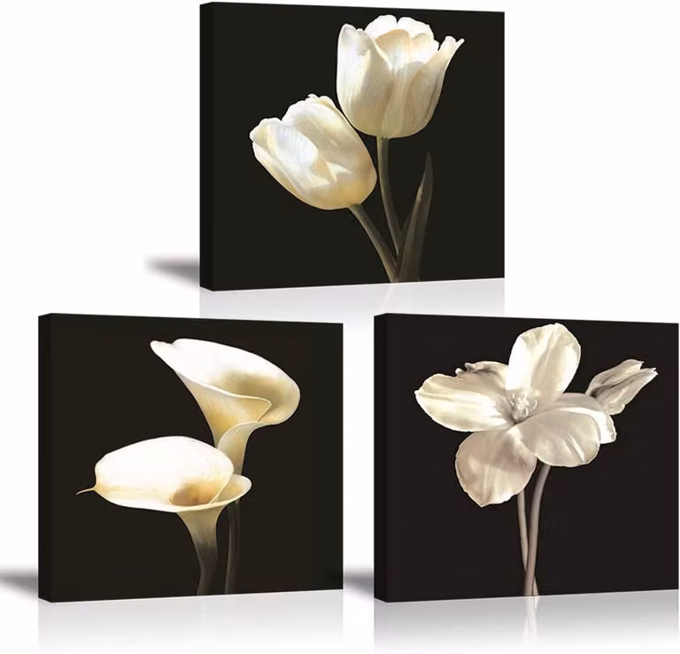 Set van 3 Canvas Schilderijen met Witte Tulpen en Calla Lelie Bloemenprint