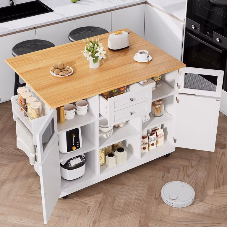 OKWISH Keukeneiland Serveerwagen Wit met 1 Lade en Handdoekhouder, B/D/H: 140 x 40 x 93,5 cm (Uitgeklapt: 140 x 70 x 93,5 cm)