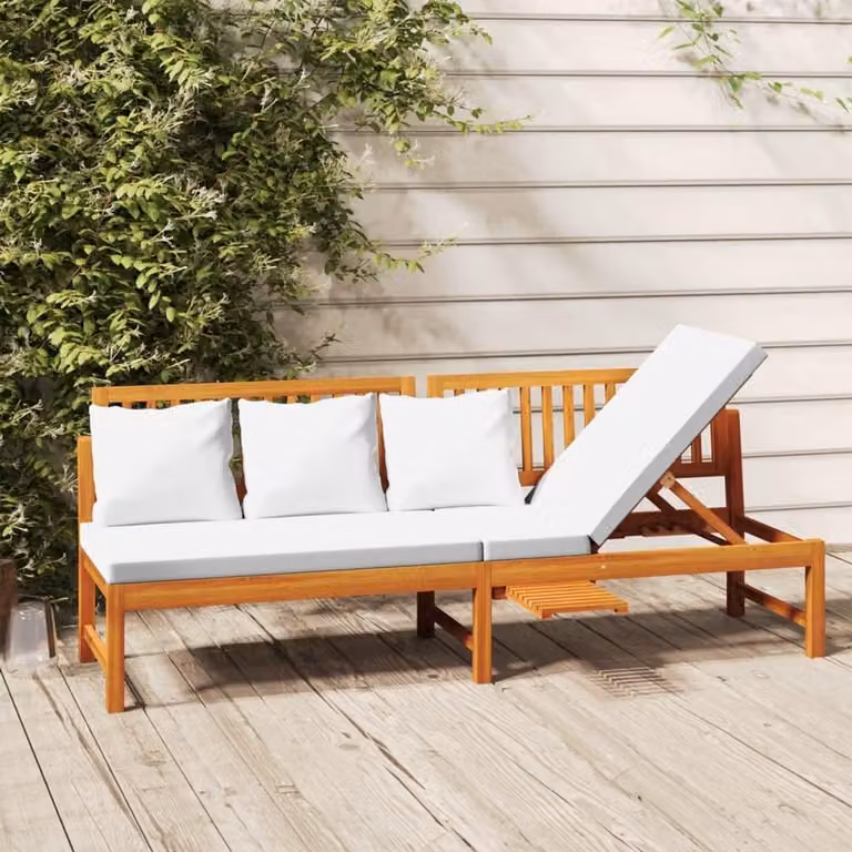 Acaciahout Dagbed met verstelbaar zijpaneel en kussen, Slaapbank en Tuinligbed, Crème, B/D/H: 200 x 60 x 75 cm