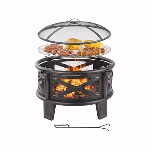 Relaxdays Vuurschaal met grillrooster en vonkenbescherming, zwart/brons, Diameter: 66 cm