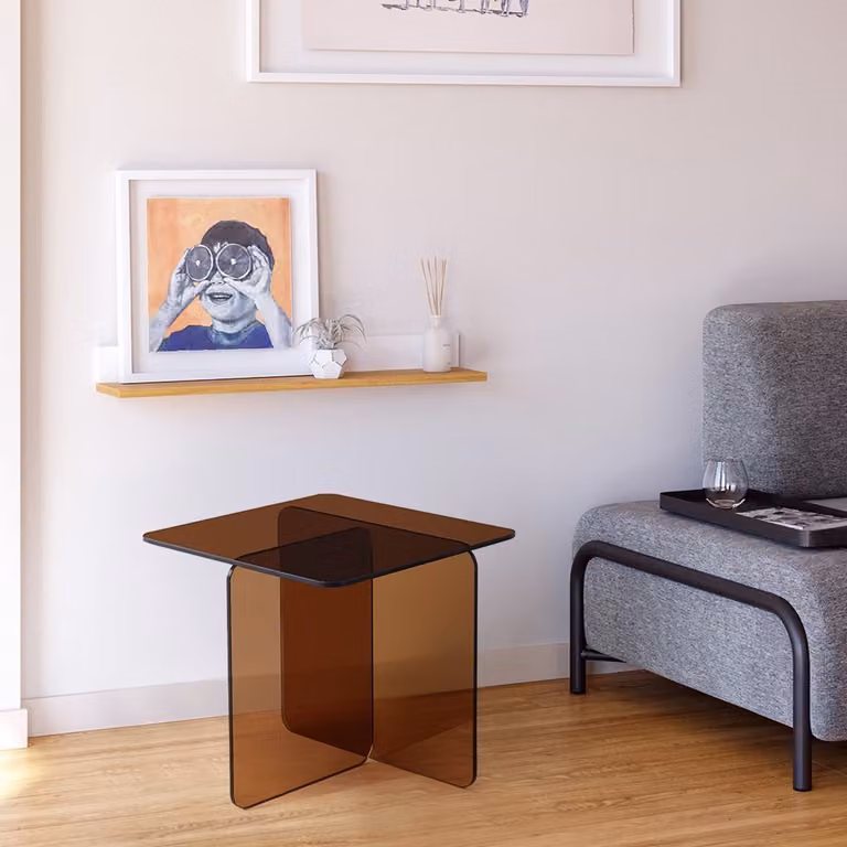 YYchan Gebogen Bijzettafel van Gehard Glas - Bruin - B: 45 cm, D: 45 cm, H: 51 cm