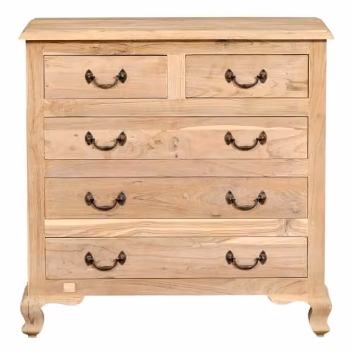 Abetare Ladekast van massief teakhout met vijf laden in vintagestijl, Breedte: 90 cm