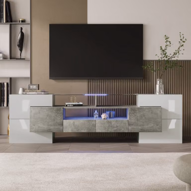 Wit-grijs TV-board met 6 deuren en 2 laden en elegante glasplaat, B/D/H: 200 x 35 x 60 cm