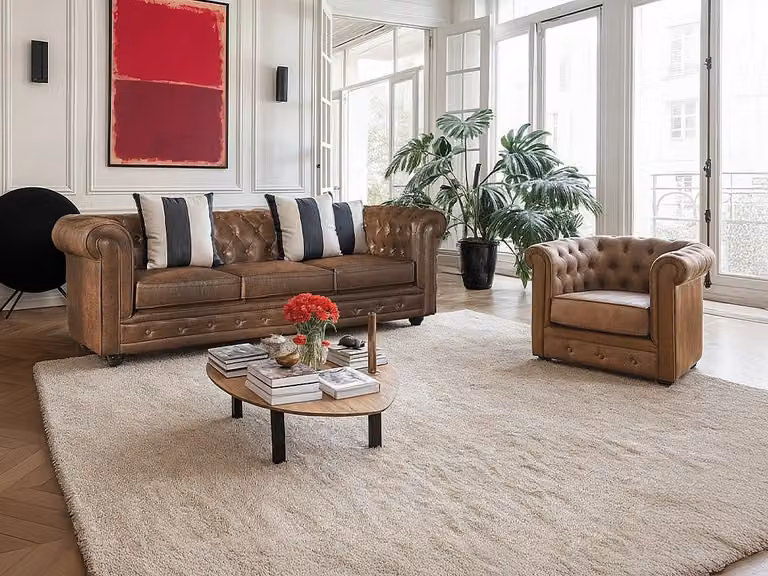 Vente-unique Chesterfield set met driezitsbank en fauteuil in bruin microvezel met vintage look