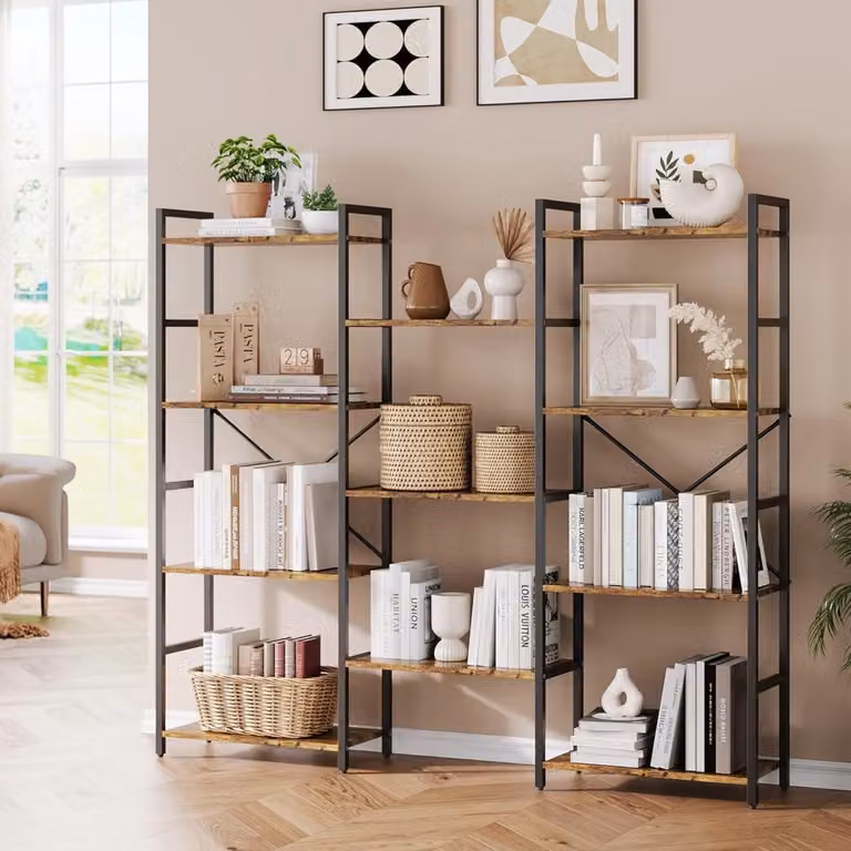 Modern industrieel boekenrek met 4 niveaus en 11 verstelbare vakken in bruin