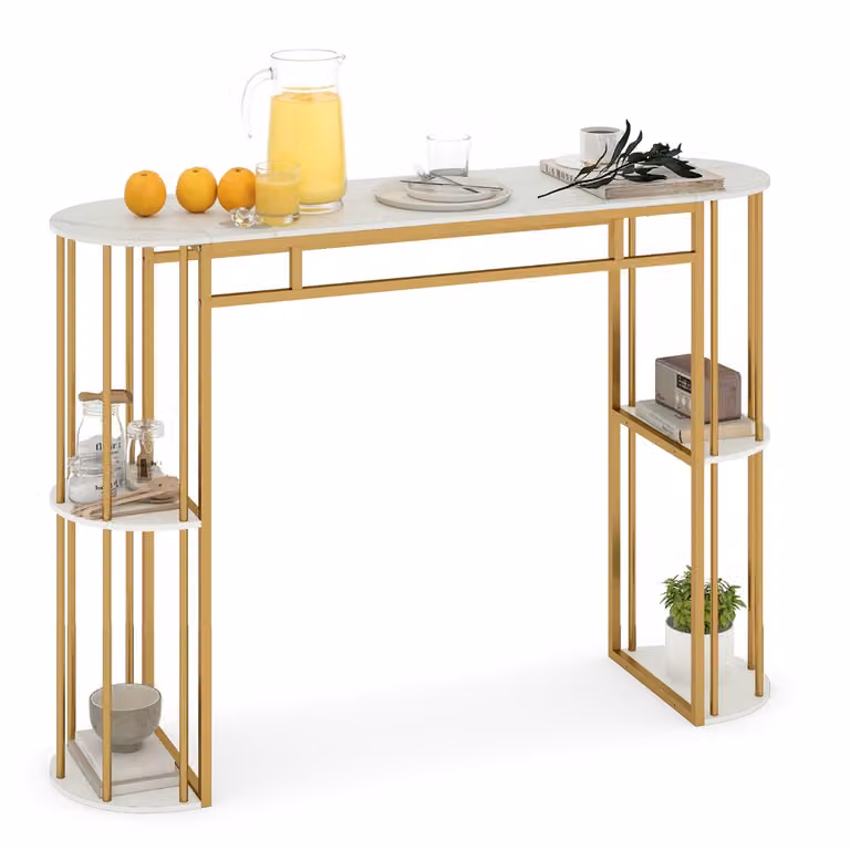 Costway Barfuutentafel met Opbergruimte en 4 Halfronde Planken, Modern Design met Metalen Frame, Goud