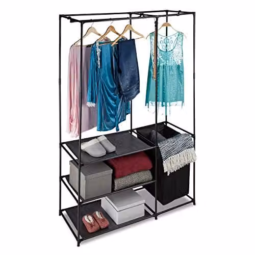 Relaxdays Open kledingkast met kledingrek en wasmand, zwart, H 180 x B 115 x D 50 cm