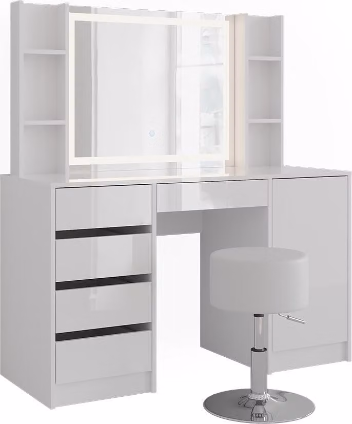Vicco Kaptafel set met kruk Sherry Wit/Wit Hoogglans, Model 57644, Breedte: 128.2 cm met LED-spiegel