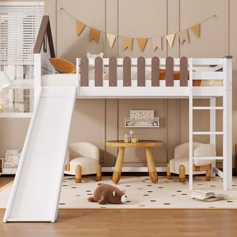 Wit houten hoogslaper met glijbaan en bedhuisje voor kinderen, B/D/H: 90 x 200 cm