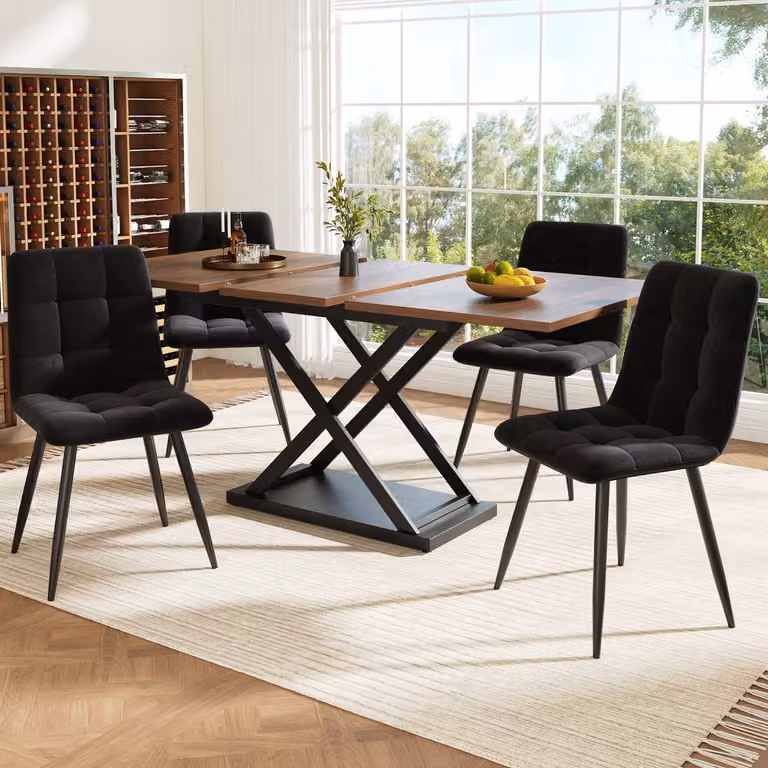 HAUSS SPOLE Eettafelset met 4 stoelen, uitschuifbare eettafel voor 4 personen, notenhoutkleur en zwart fluweel, B/D/H: 120-160 x 80 x 75 cm
