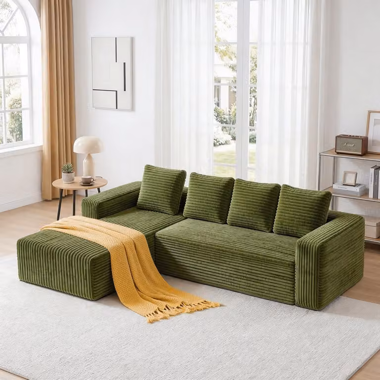 Cloud Modulaire Hoekbank met L-vormige Chaise Longue aan de rechterkant, 3-zits Woonkamerbank met diepe zitting, Groente