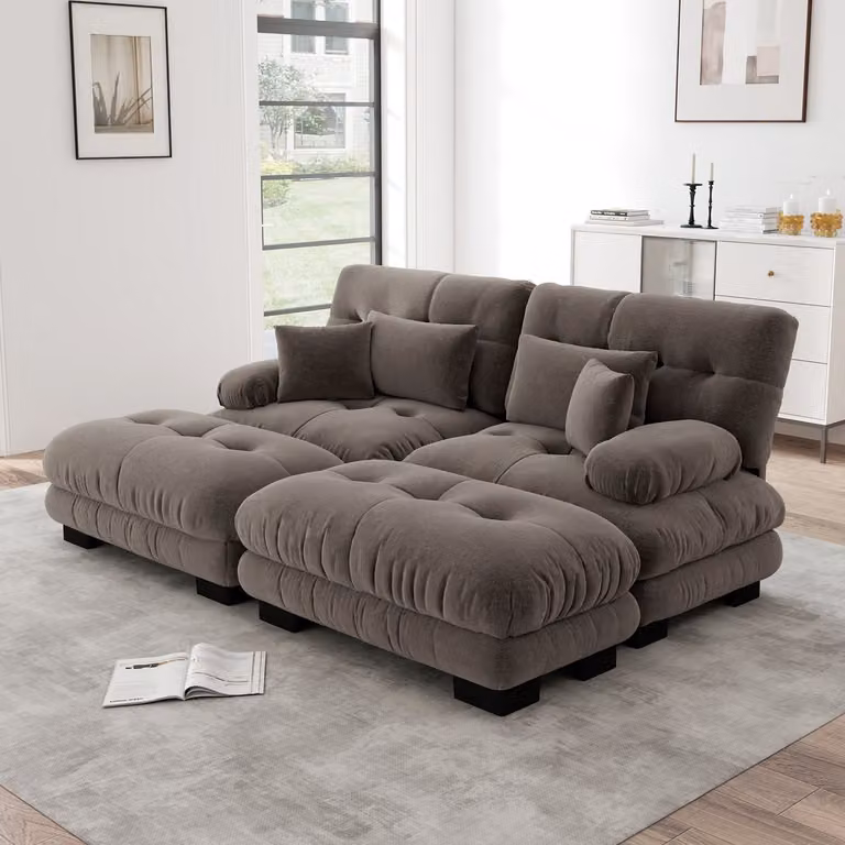 STILVORA Modulaire Hoekbank - 4-Zits met 2 Ottomans en Kussens - Chenille Bruin