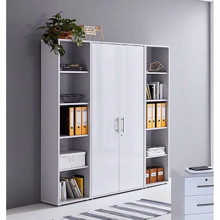 home24 Dossierkast III met deuren en open schappen, grijs/wit hoogglans, H 172 x B 186 x D 33 cm