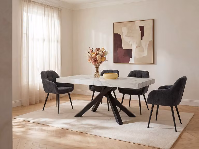 CATONAV Verlengbare eettafel voor 6 tot 10 personen met wit en zwart marmereffect, MDF en metaal, B/D/H: 100 x 90 x 75 cm