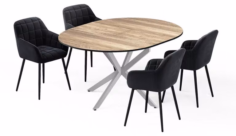 Vicco Loyd Eettafelset met 4 zwarte eetkamerstoelen, Eiken rustiek/Grijs, B/D: 120 x 120 cm