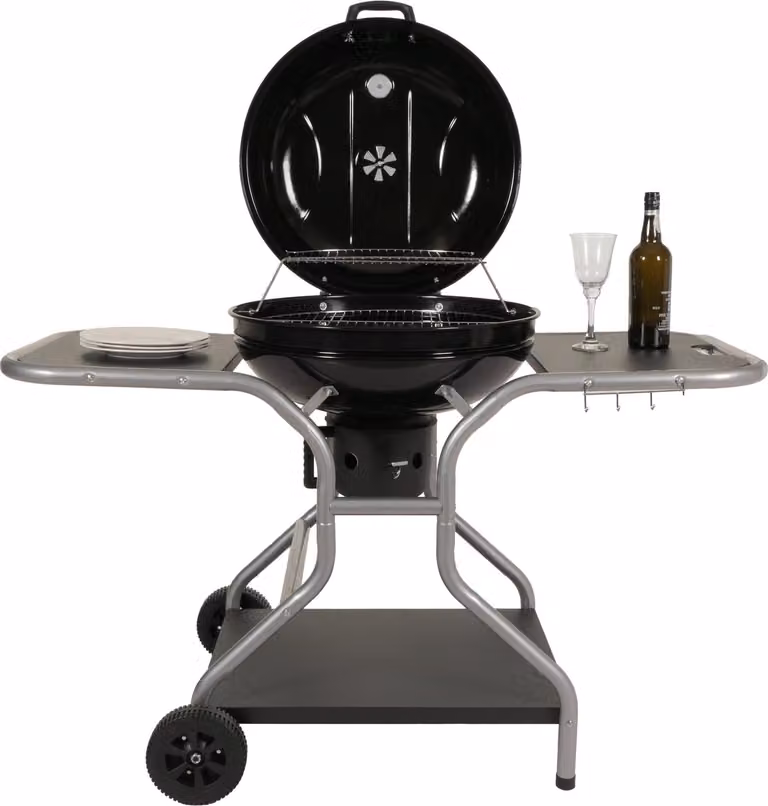 Mendler Grillwagen HWC-N16 Houtskoolgrill met deksel en drie opbergvakken, Zwart, B: 143 cm, D: 131 cm, H: 66 cm