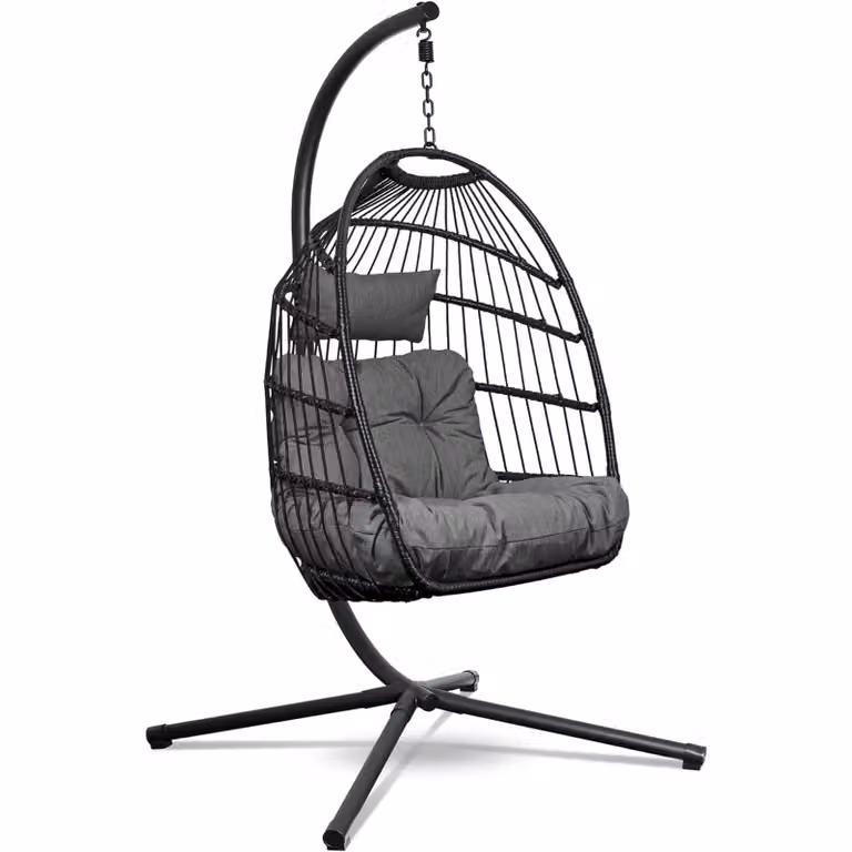 Swoods Hangstoel met standaard en grote kussens, inklapbare rotan lounge stoel voor binnen en buiten, egg shape