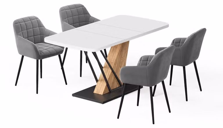 Vicco Fenaro Eettafelset Wit/Goudkleurig Eiken met 4 eetkamerstoelen, Model 62769, B: 120 cm, D: 80 cm