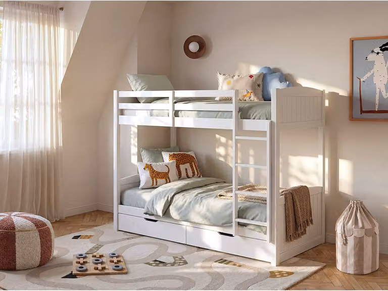 LIMODARA Stapelbed met 2 lades en matras, Wit, Grenen en MDF, B/D/H: 180 x 90 x 200 cm