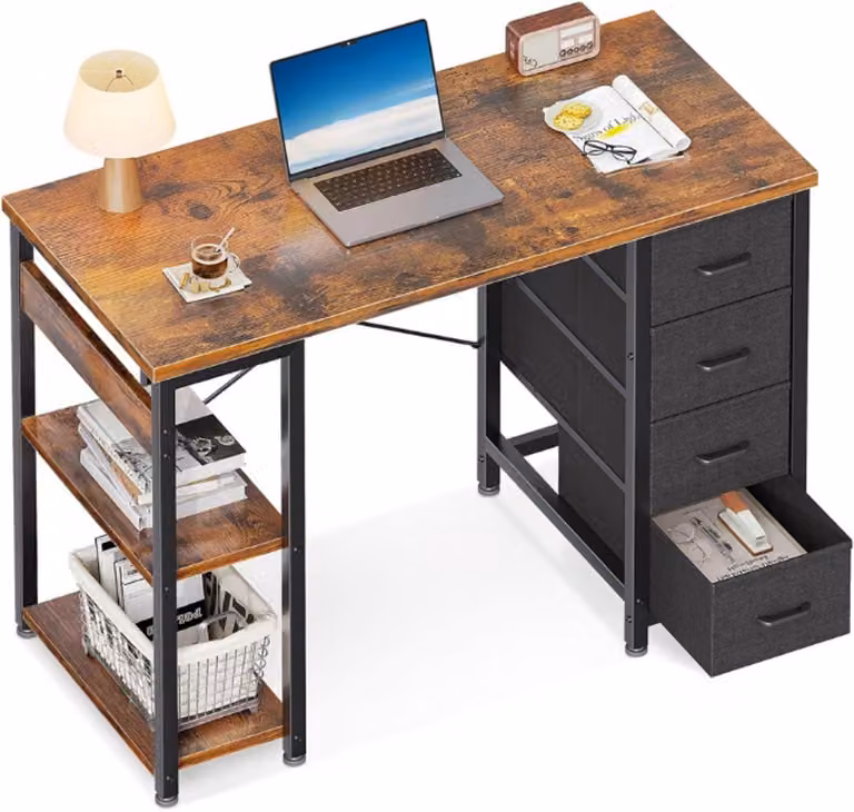 Coleshome Klein bureau met 4 stoffen lades en omkeerbare planken, Bruin, Breedte: 100 cm, Diepte: 40 cm