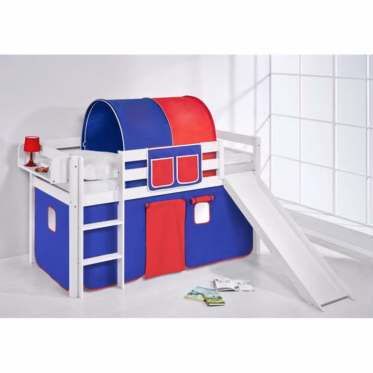 home24 Colours Hoogslaper met glijbaan, wit/blauw/rood, 90 x 200 cm