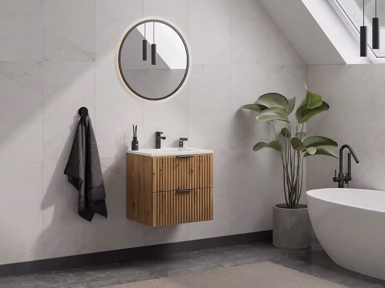 ZEVARA Geribbeld hangmeubel met keramische inbouwwastafel - Lichte houtkleur - Breedte: 60 cm