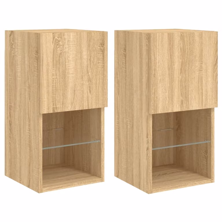 DKD HOME DECOR Set van 2 TV-meubels met LED-verlichting in Sonoma-eikenhout, B: 60 cm, H: 30 cm, D: 30,5 cm